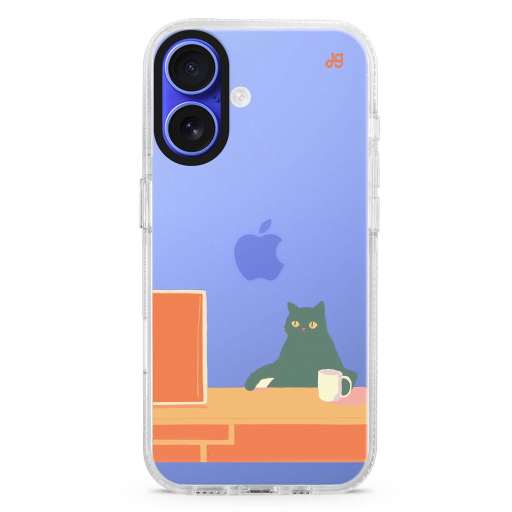 Couch Pawtato iPhone 16 and 16 Plus ultra clear case, transparent graphic artwork, front product view