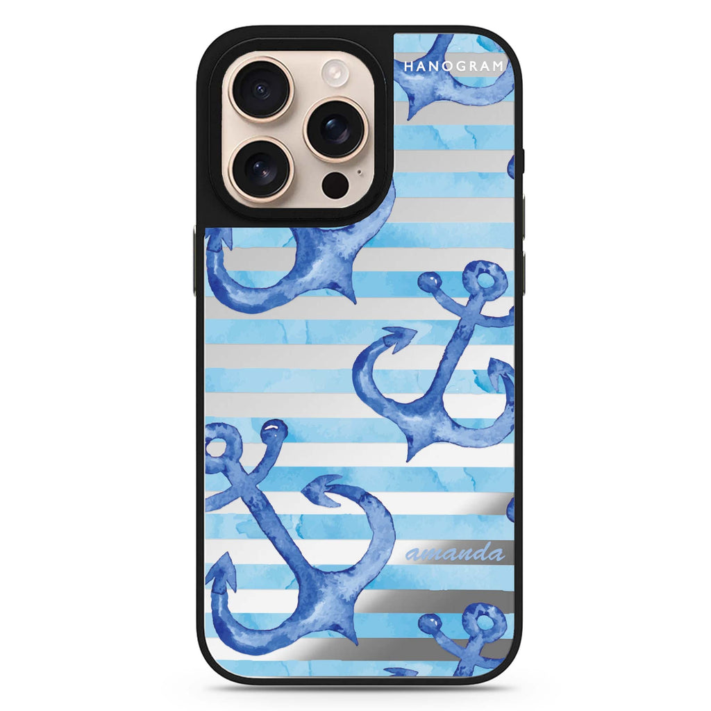 Blue Anchor personalized name color-inspired design iPhone 16/15/14 Pro Max & Pro mirror case