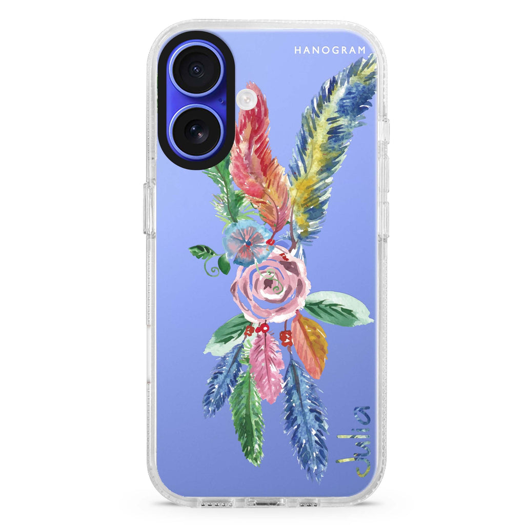 Feather custom name iPhone 16 and 16 Plus ultra clear case, transparent graphic artwork, front product view