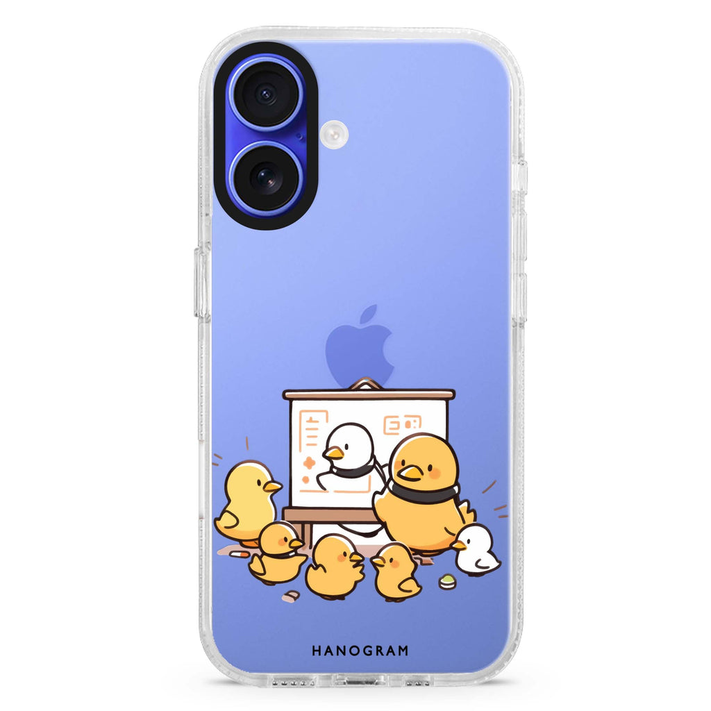 Duck Professor iPhone 16 and 16 Plus ultra clear case, transparent animal artwork, front product view