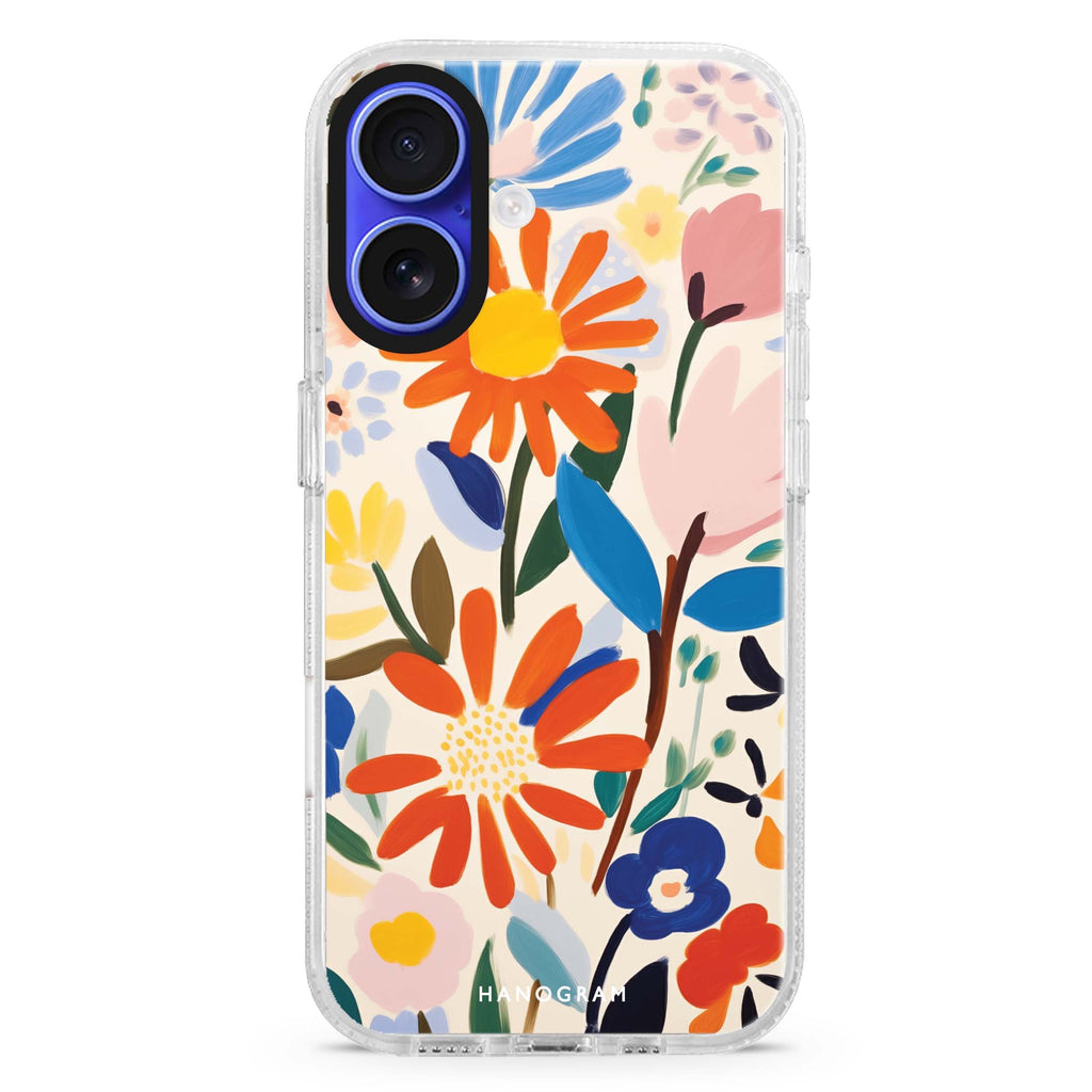 Bloom Brushwork iPhone 16 and 16 Plus ultra clear case, transparent artistic artwork, front product view