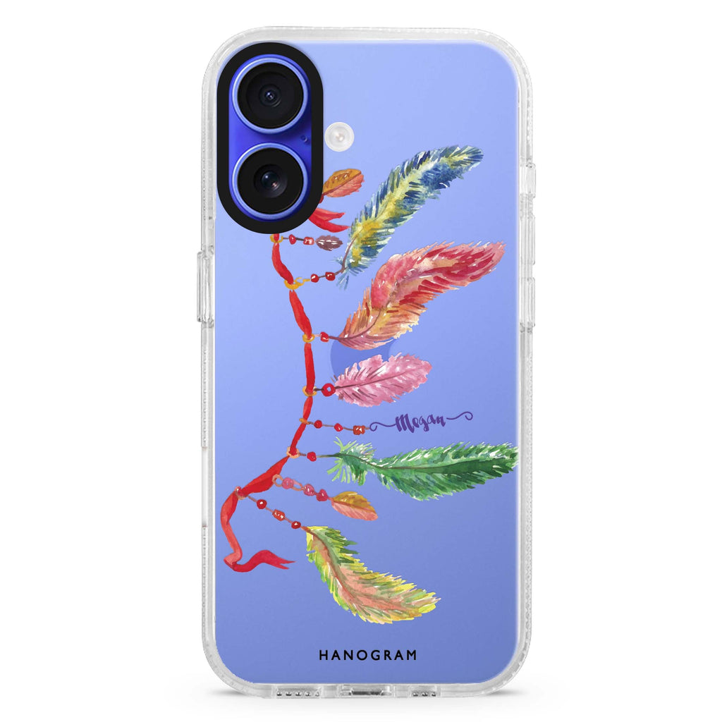 Feather II custom name iPhone 16 and 16 Plus ultra clear case, transparent graphic artwork, front product view