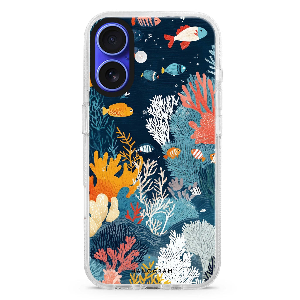 Coral Carvings iPhone 16 and 16 Plus ultra clear case, transparent graphic artwork, front product view