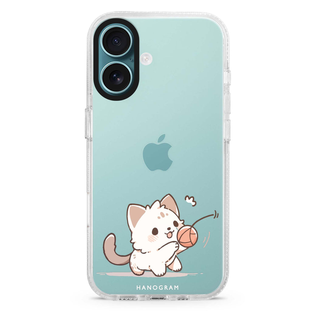 Kitty Chase iPhone 16 and 16 Plus ultra clear case, transparent cat artwork, front product view