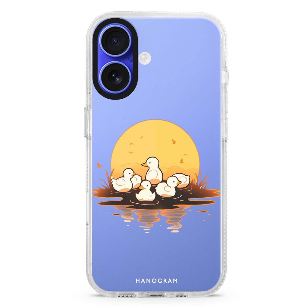 Dawn Duck Drift iPhone 16 and 16 Plus ultra clear case, transparent animal artwork, front product view