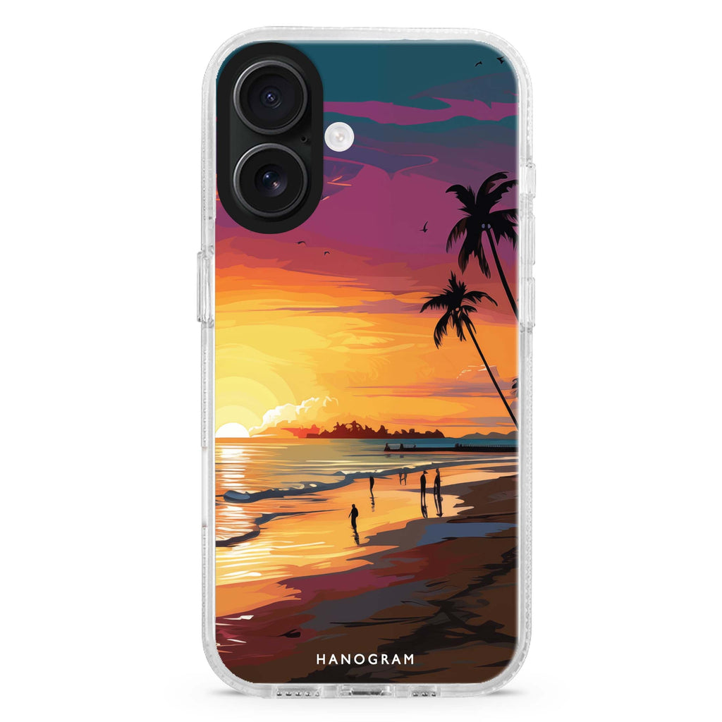 Sunset Glow iPhone 16 and 16 Plus ultra clear case, transparent beach artwork, front product view