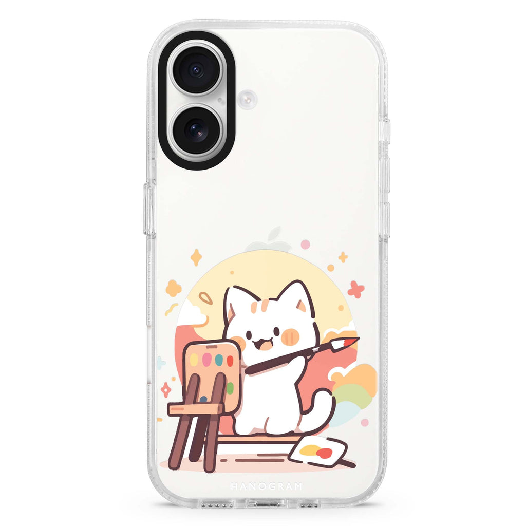 Feline Masterwork iPhone 16 and 16 Plus ultra clear case, transparent abstract pattern, front product view