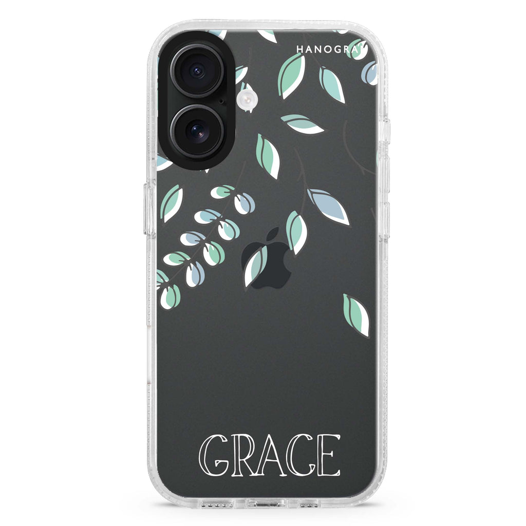 Fall Leaf custom name iPhone 16 and 16 Plus ultra clear case, transparent graphic artwork, front product view