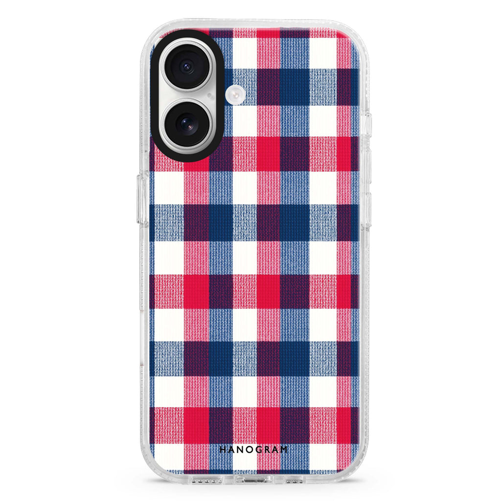 Patriot Plaid iPhone 16 and 16 Plus ultra clear case, transparent graphic artwork, front product view
