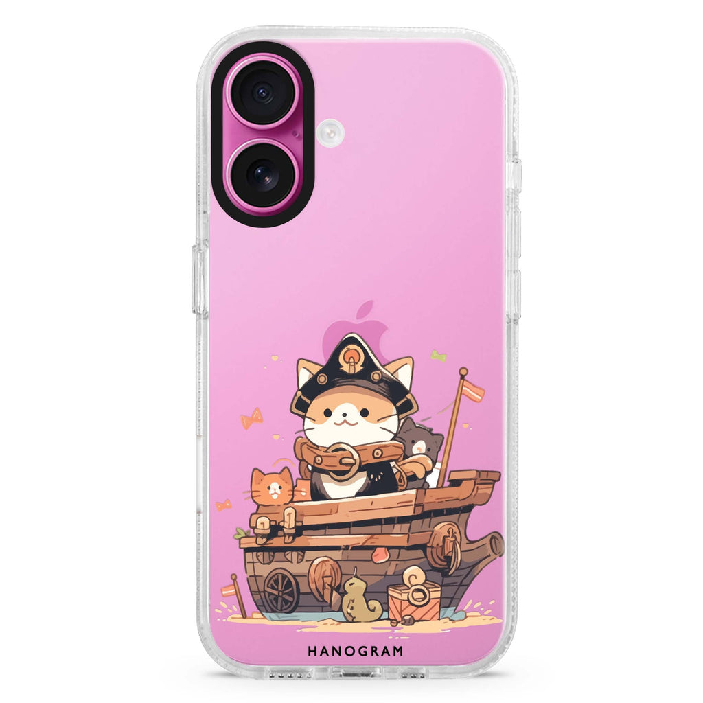 Buccaneer Kitty iPhone 16 and 16 Plus ultra clear case, transparent cat artwork, front product view