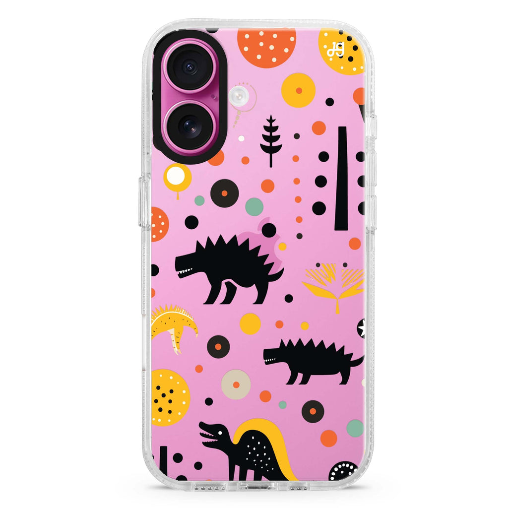 Cuddly Rex iPhone 16 and 16 Plus ultra clear case, transparent graphic artwork, front product view
