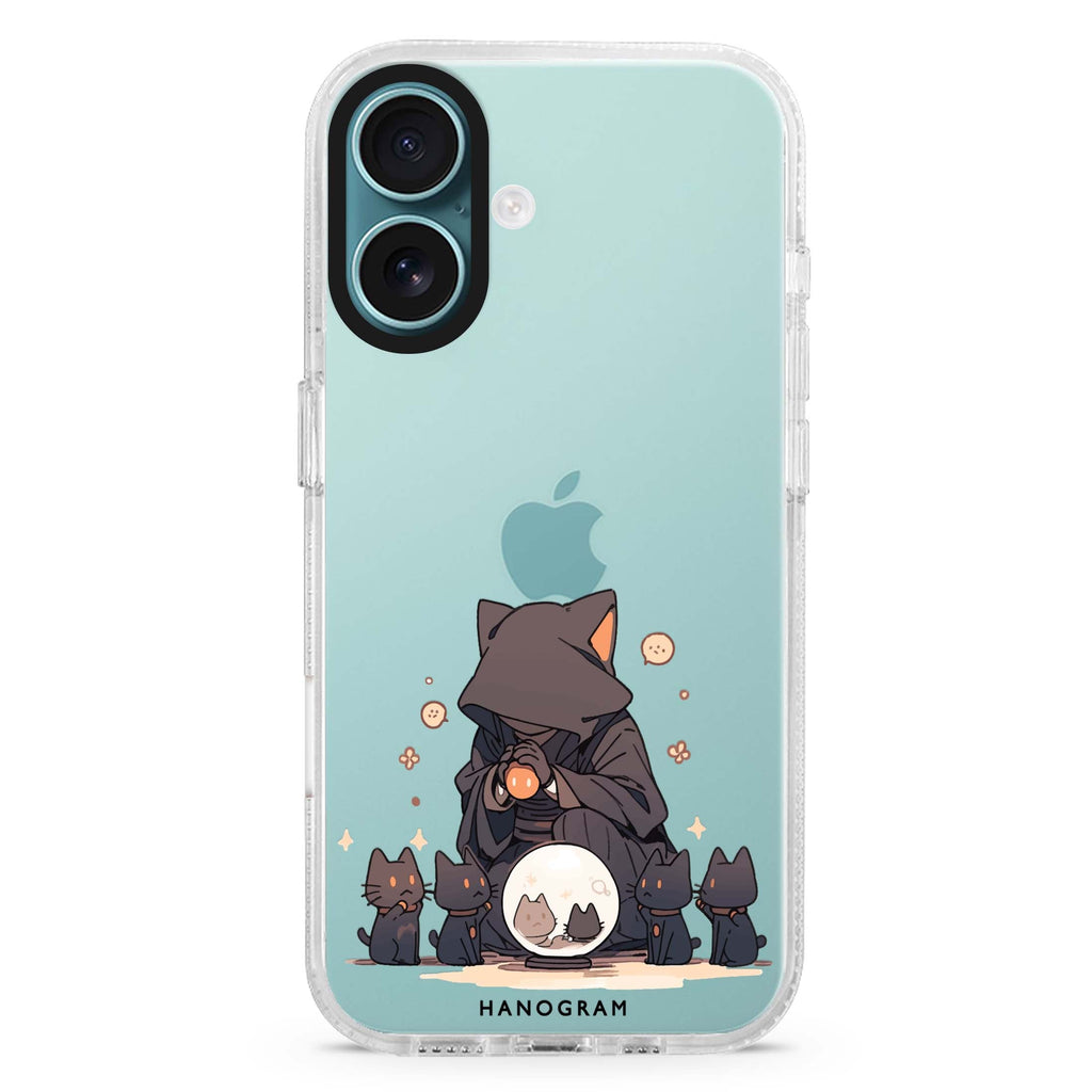 Seer Cat Charm iPhone 16 and 16 Plus ultra clear case, transparent cat artwork, front product view