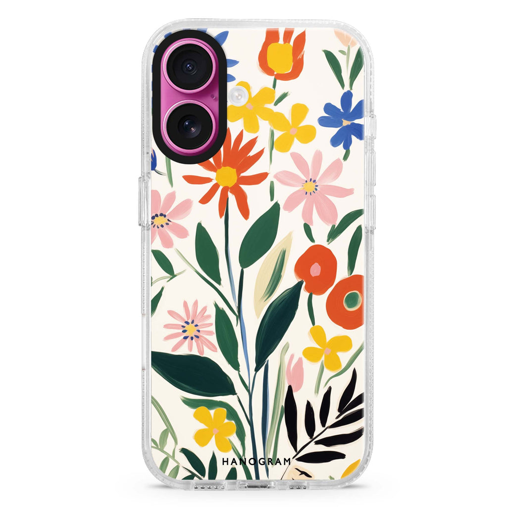 Floral Impressions iPhone 16 and 16 Plus ultra clear case, transparent floral artwork, front product view