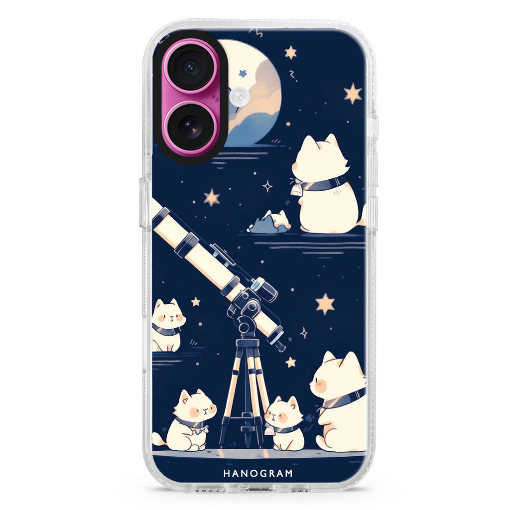 Stargazer Purr iPhone 16 and 16 Plus ultra clear case, transparent celestial artwork, front product view