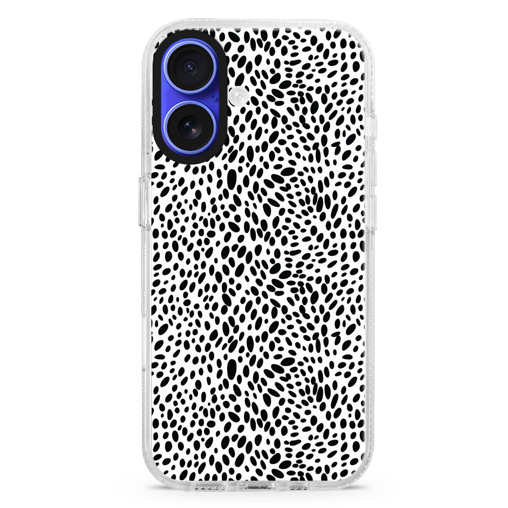 Spotted Elegance iPhone 16 and 16 Plus ultra clear case, transparent graphic artwork, front product view
