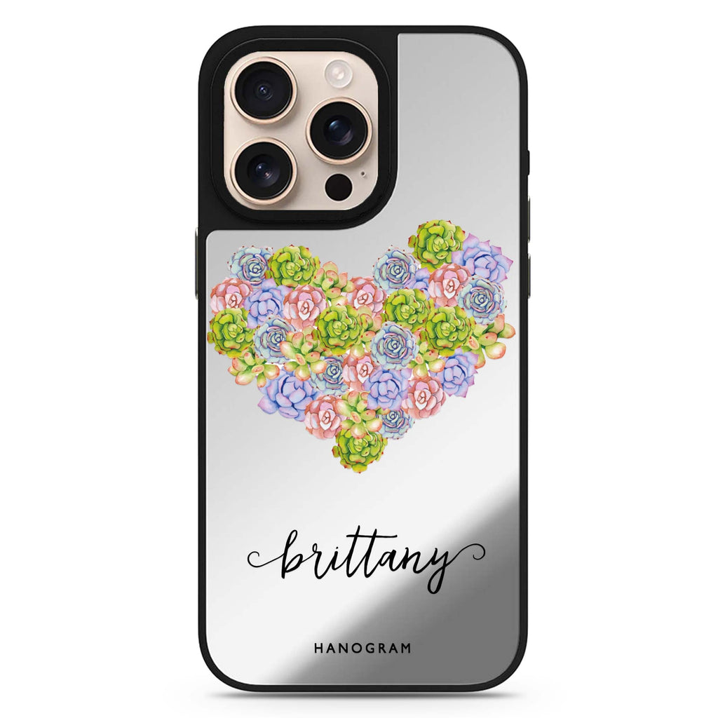 Floral Heart personalized name floral design iPhone 16/15/14 Pro Max & Pro mirror case