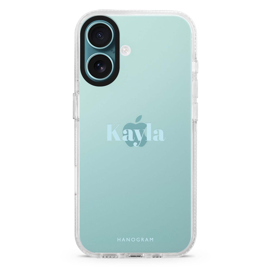 Personal Pop custom name iPhone 16 and 16 Plus ultra clear case, transparent graphic artwork, front product view