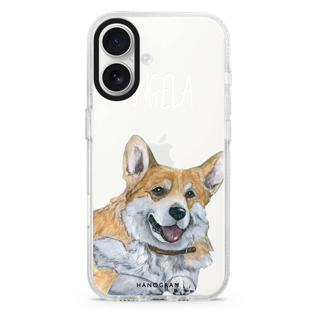 Corgi custom name iPhone 16 and 16 Plus ultra clear case, transparent dog artwork, front product view