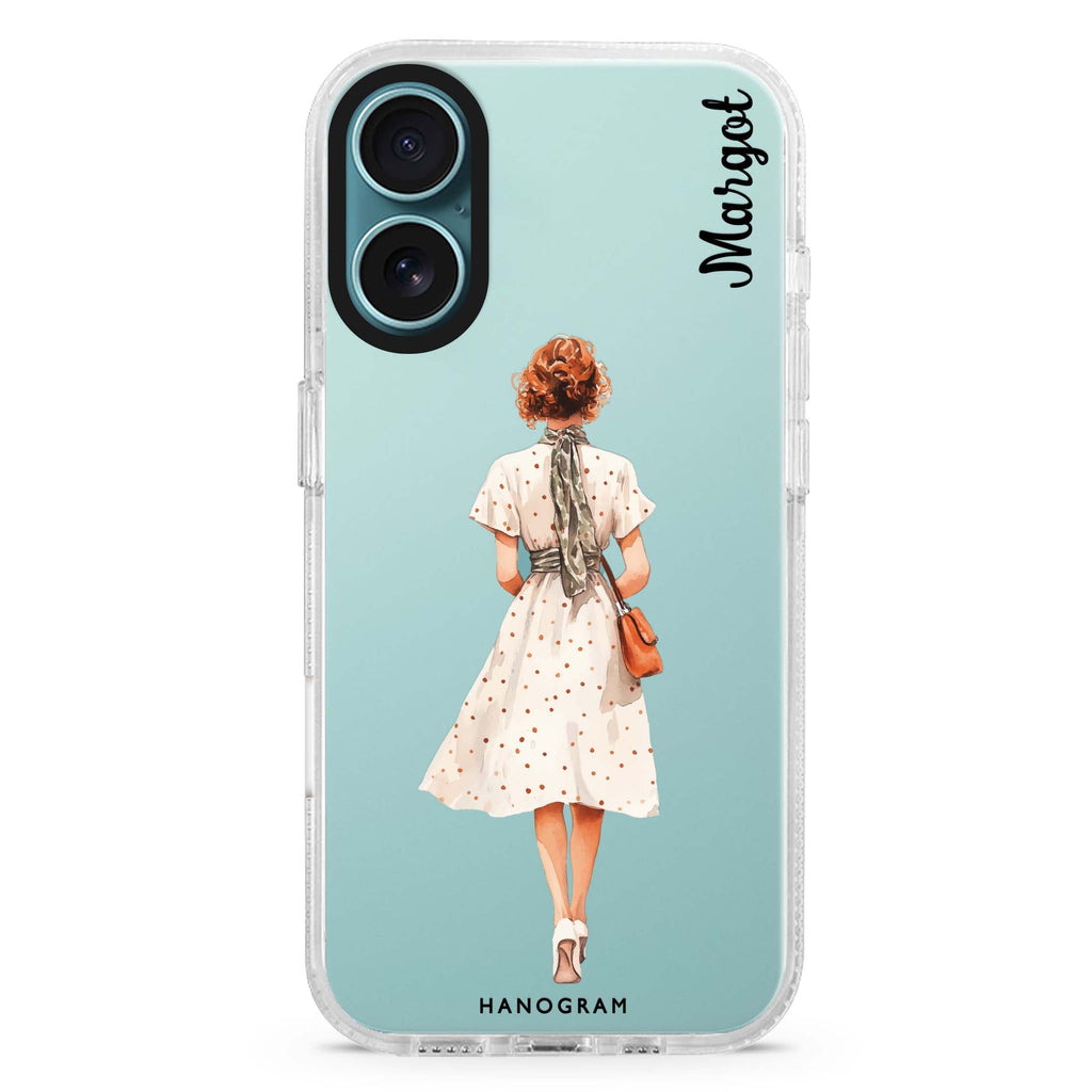 Dot Days custom name iPhone 16 and 16 Plus ultra clear case, transparent abstract pattern, front product view