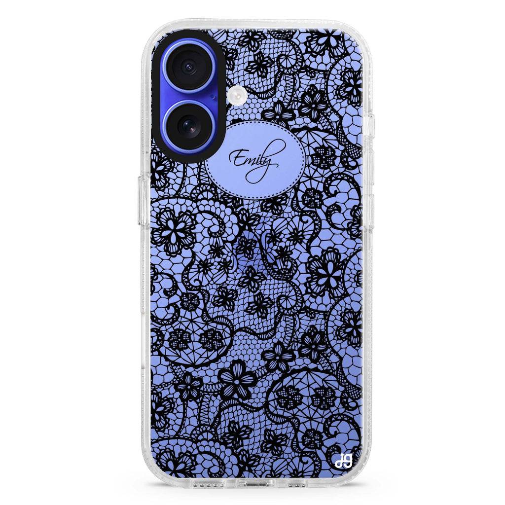 My Floral Lace custom name iPhone 16 and 16 Plus ultra clear case, transparent floral artwork, front product view