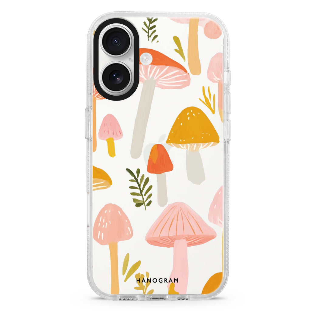 Blushing Mushrooms iPhone 16 and 16 Plus ultra clear case, transparent graphic artwork, front product view