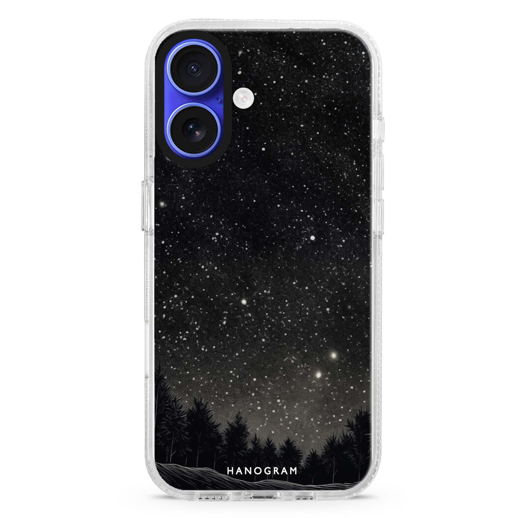 Galactic Gleam iPhone 16 and 16 Plus ultra clear case, transparent graphic artwork, front product view