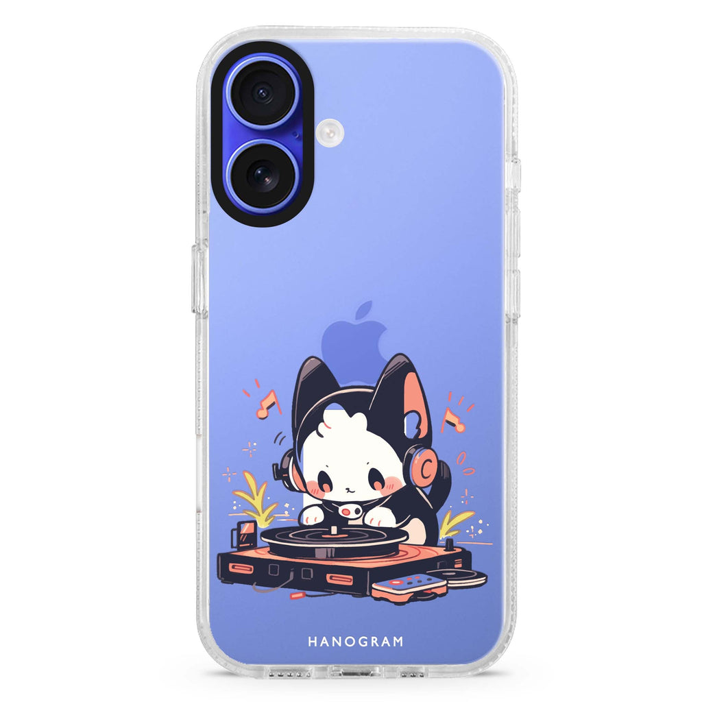 DJ Paws Play iPhone 16 and 16 Plus ultra clear case, transparent graphic artwork, front product view