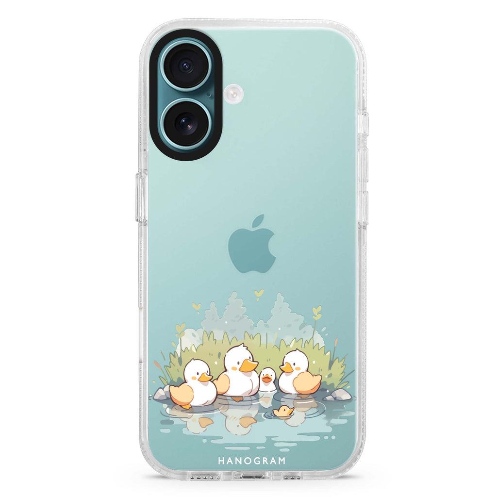 River Duck Delight iPhone 16 and 16 Plus ultra clear case, transparent animal artwork, front product view