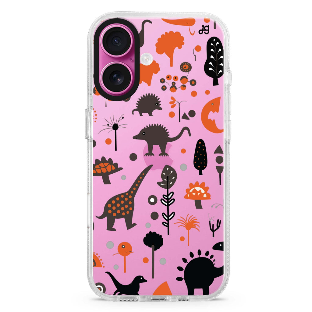 Jurassic Joy iPhone 16 and 16 Plus ultra clear case, transparent graphic artwork, front product view