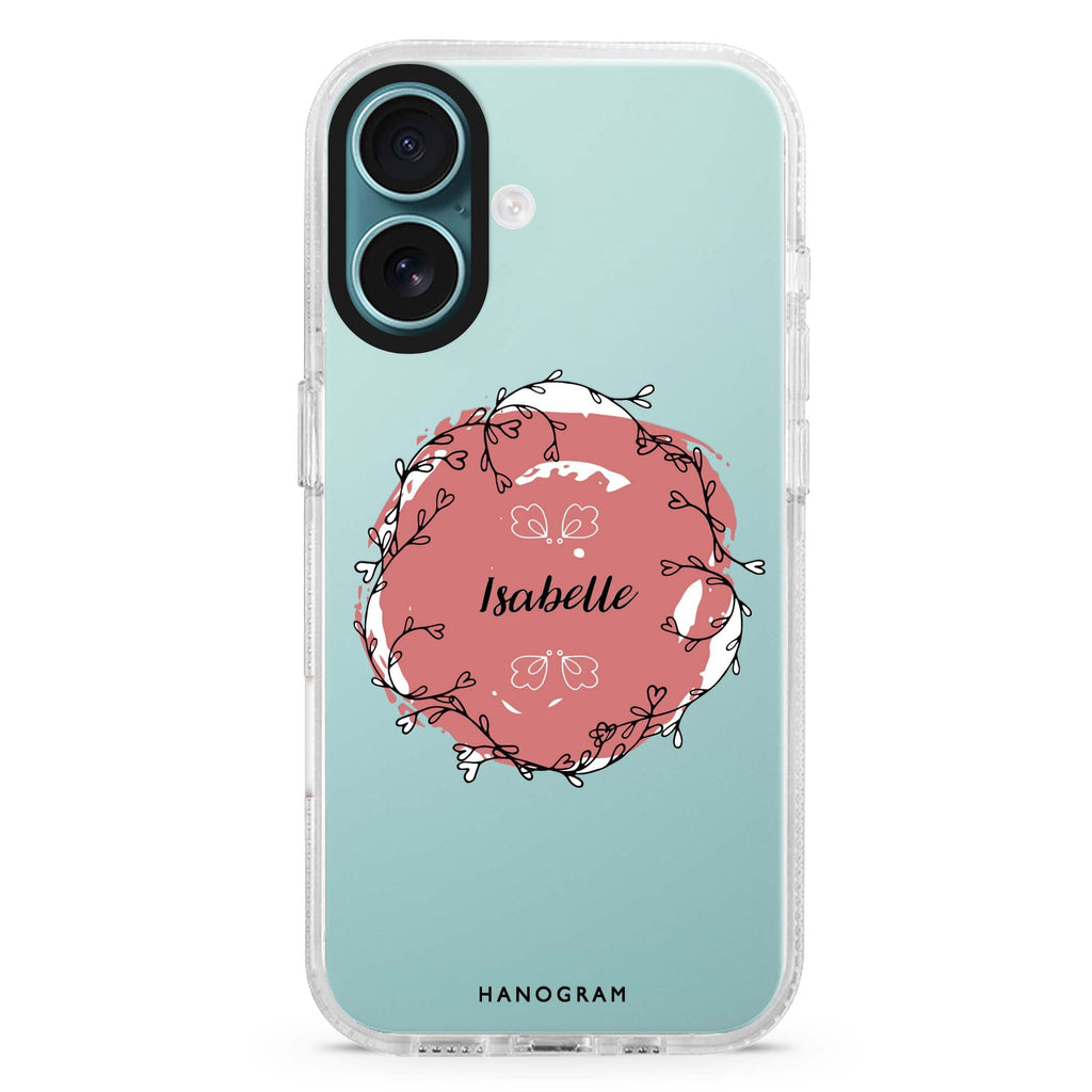 Heart Crown custom name iPhone 16 and 16 Plus ultra clear case, transparent artistic artwork, front product view