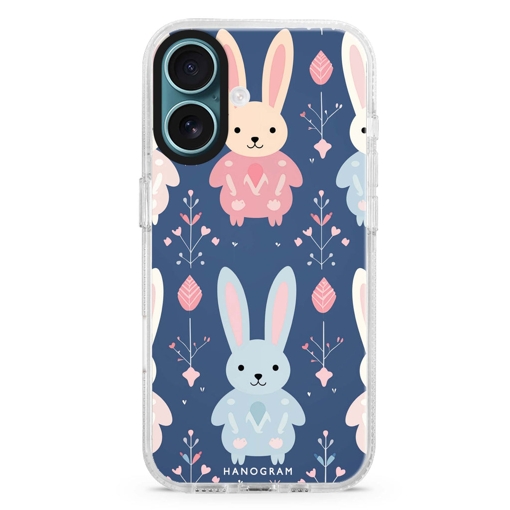 Bunny Bliss iPhone 16 and 16 Plus ultra clear case, transparent animal artwork, front product view