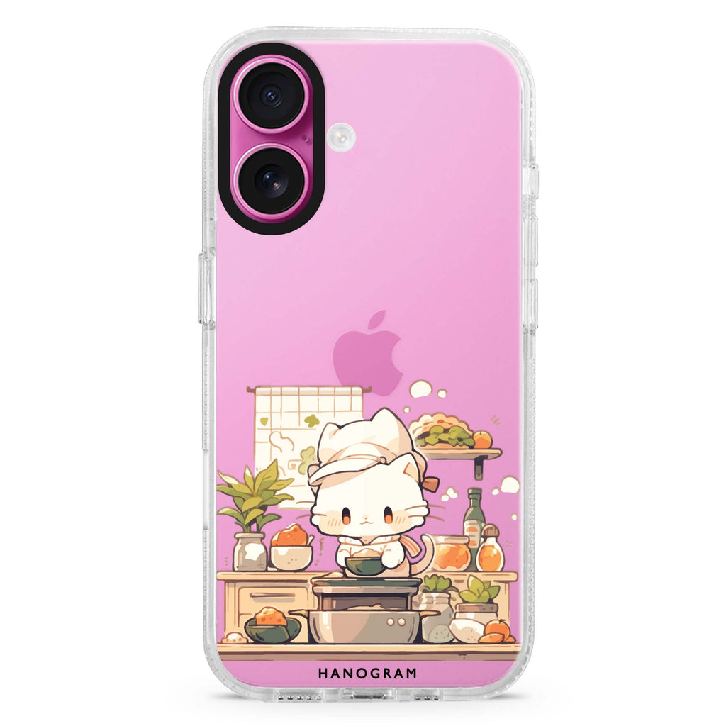 Chef Whisker Mess iPhone 16 and 16 Plus ultra clear case, transparent graphic artwork, front product view