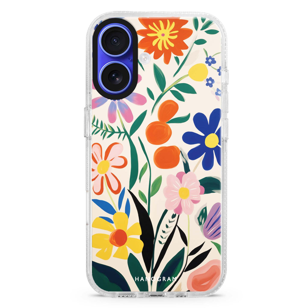 Petal Palette iPhone 16 and 16 Plus ultra clear case, transparent floral artwork, front product view