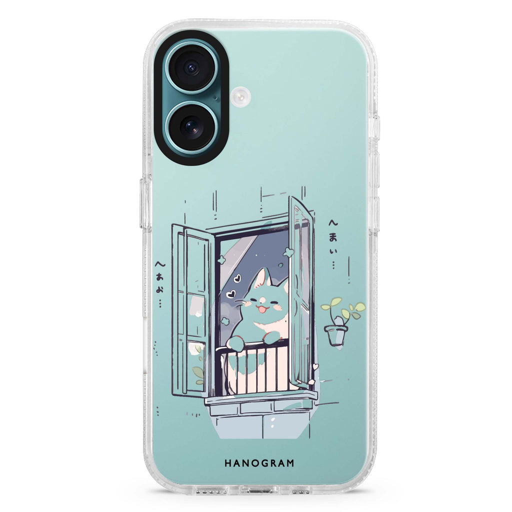Ledge Lounging Kitty iPhone 16 and 16 Plus ultra clear case, transparent cat artwork, front product view