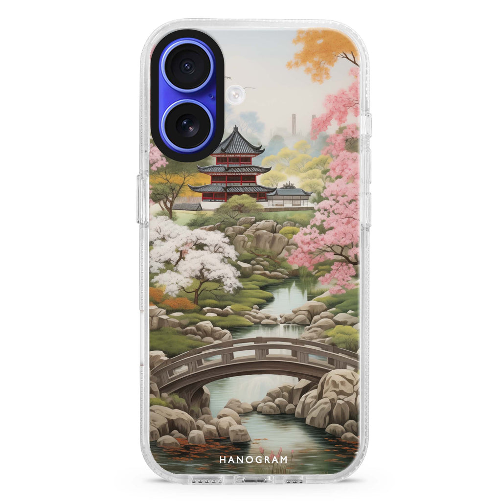 Oriental Blossom iPhone 16 and 16 Plus ultra clear case, transparent floral artwork, front product view