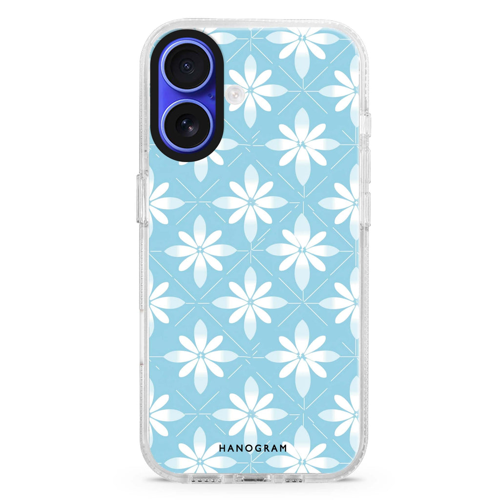 Floral Fusion iPhone 16 and 16 Plus ultra clear case, transparent floral artwork, front product view