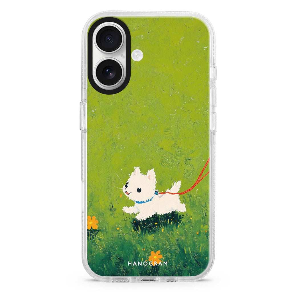Chasing Joy iPhone 16 and 16 Plus ultra clear case, transparent graphic artwork, front product view