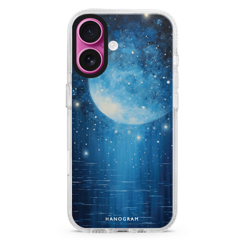 Midnight Crescent iPhone 16 and 16 Plus ultra clear case, transparent celestial artwork, front product view