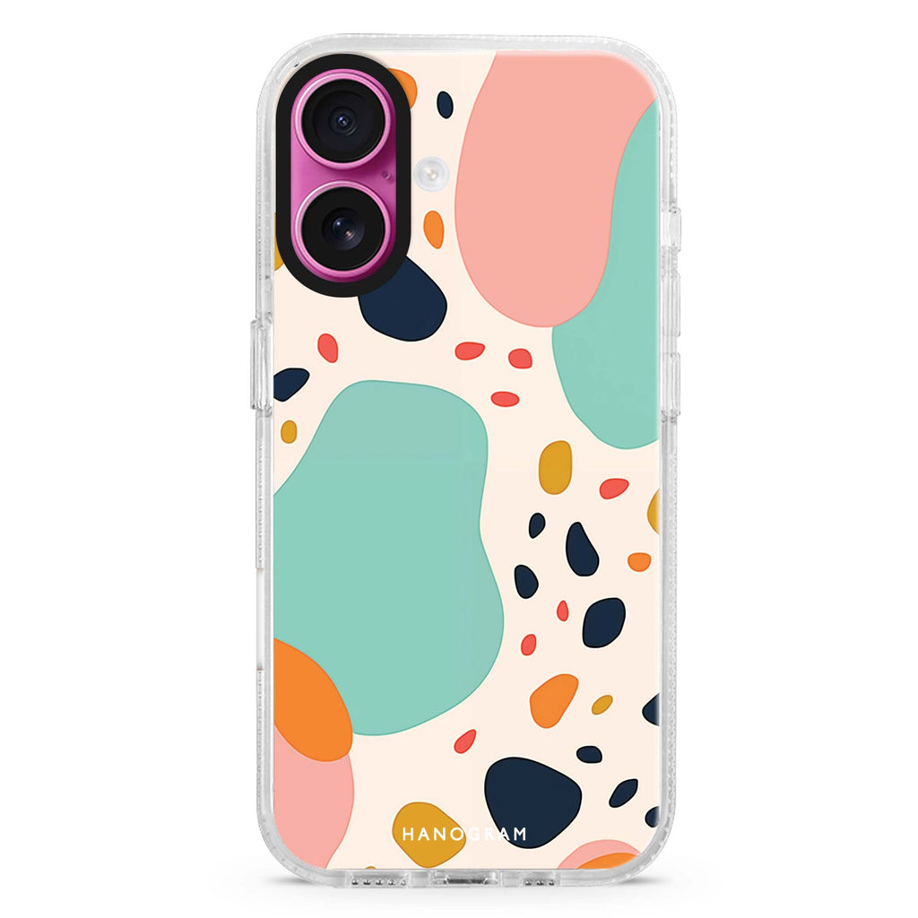 Artisan Fragments iPhone 16 and 16 Plus ultra clear case, transparent artistic artwork, front product view