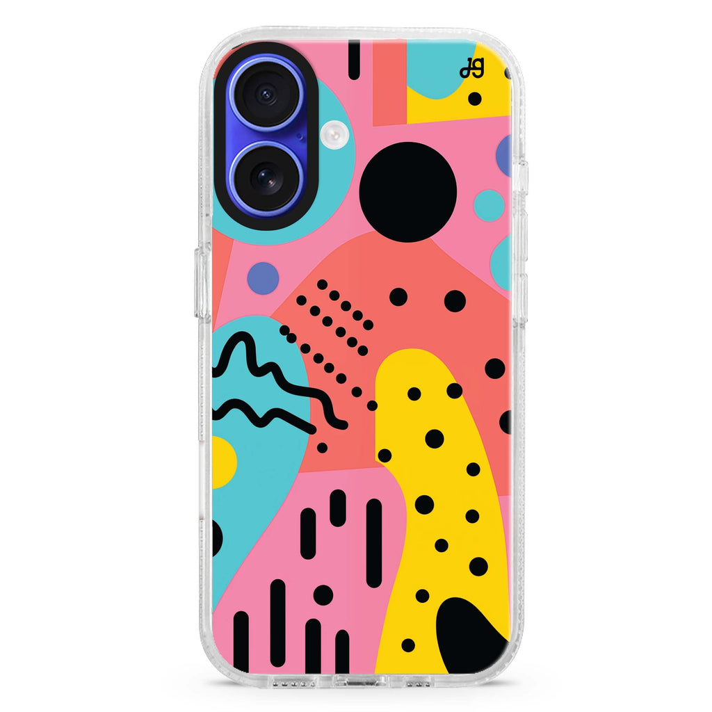 Retro Rhythm iPhone 16 and 16 Plus ultra clear case, transparent graphic artwork, front product view