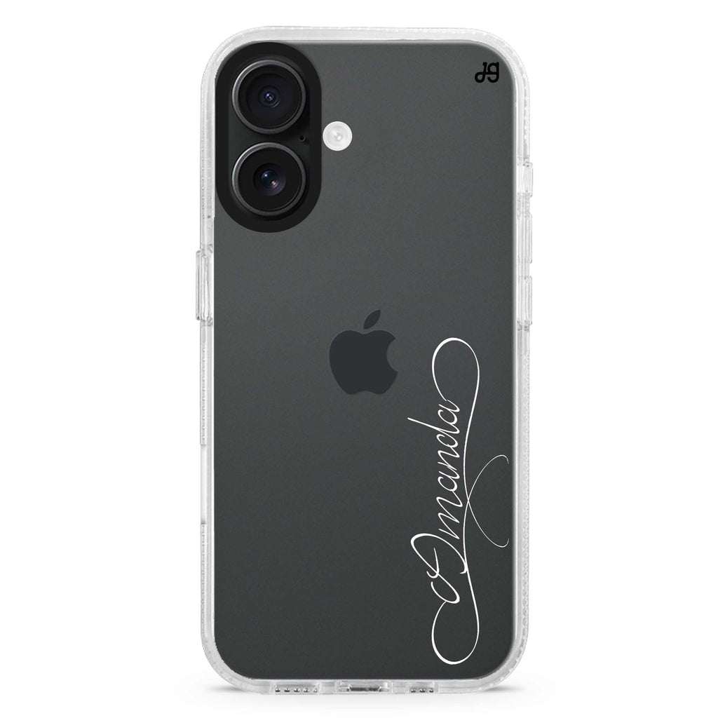 Cursive I custom name iPhone 16 and 16 Plus ultra clear case, transparent graphic artwork, front product view