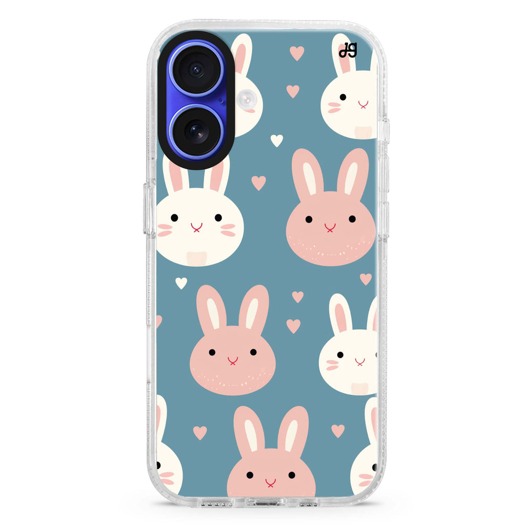 Cuddly Hopper iPhone 16 and 16 Plus ultra clear case, transparent graphic artwork, front product view