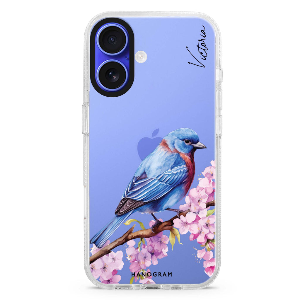 Bunting Blossom custom name iPhone 16 and 16 Plus ultra clear case, transparent floral artwork, front product view