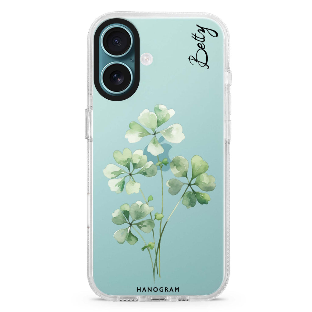 Luck's Leaf custom name iPhone 16 and 16 Plus ultra clear case, transparent graphic artwork, front product view