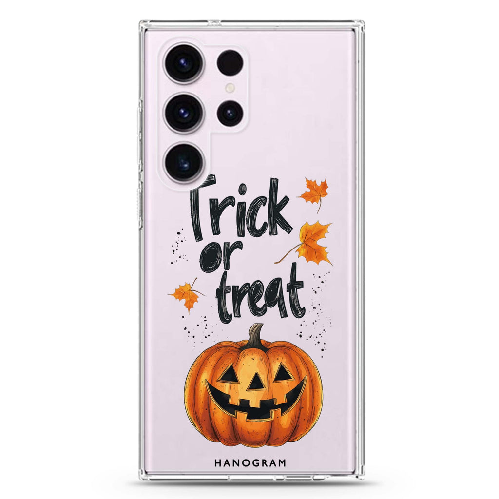 Trick or Treat Delight Samsung Galaxy S26/S25/S24/S23/S22 Ultra ultra clear case, transparent design, main view