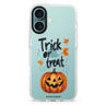 Trick or Treat Delight iPhone 16 and 16 Plus ultra clear case, transparent graphic artwork, front product view