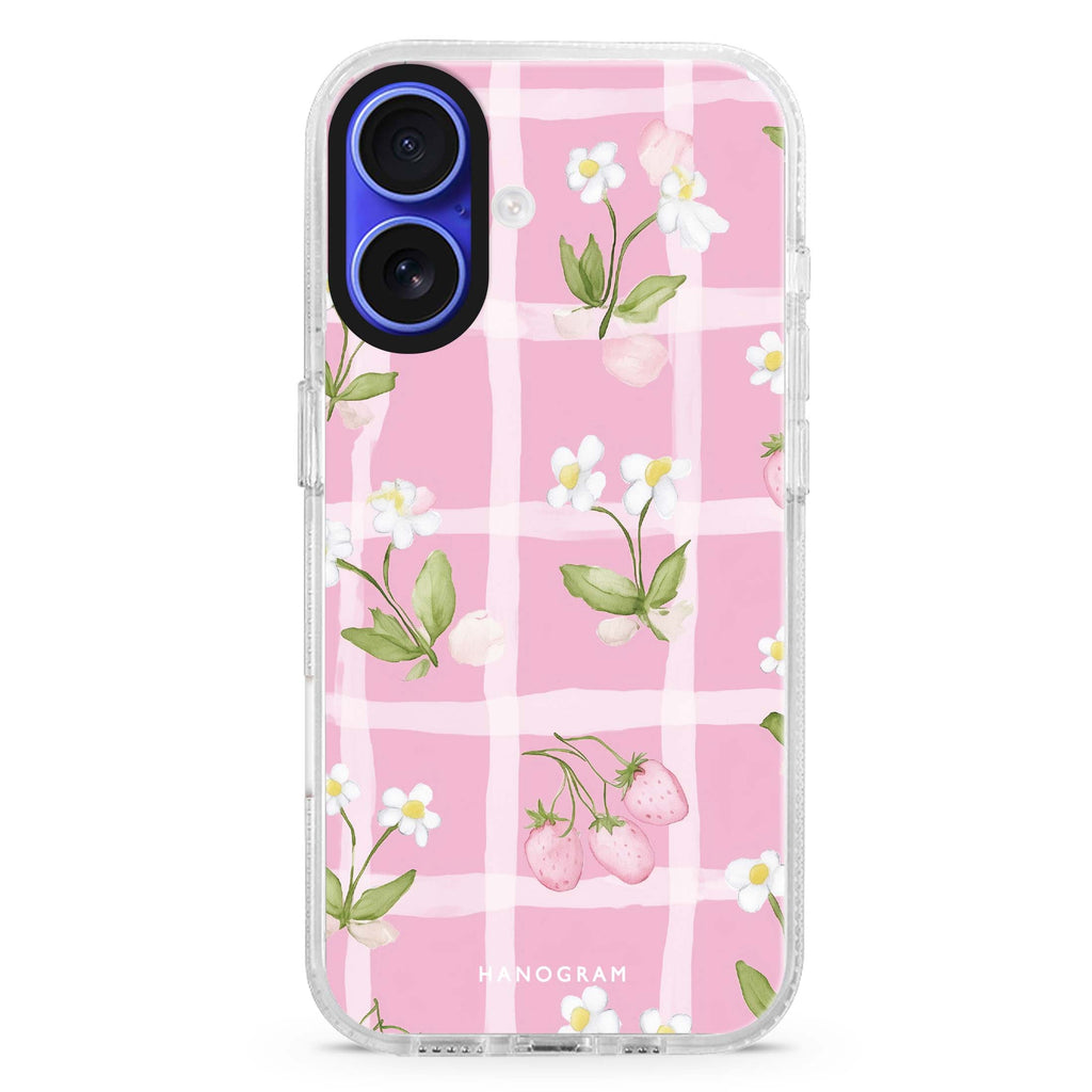 Berry Lace iPhone 16 and 16 Plus ultra clear case, transparent graphic artwork, front product view