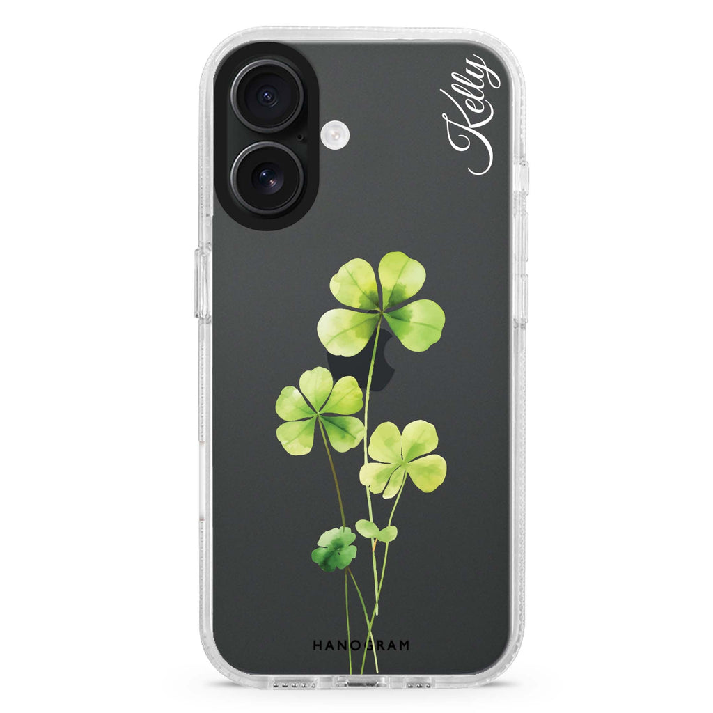 Trinity Blossom custom name iPhone 16 and 16 Plus ultra clear case, transparent floral artwork, front product view