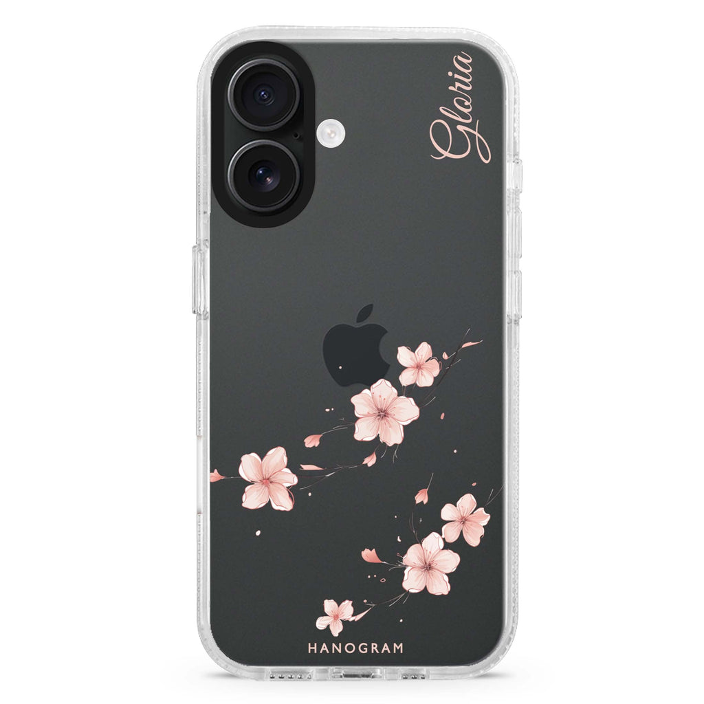 Sakura Spirit custom name iPhone 16 and 16 Plus ultra clear case, transparent graphic artwork, front product view