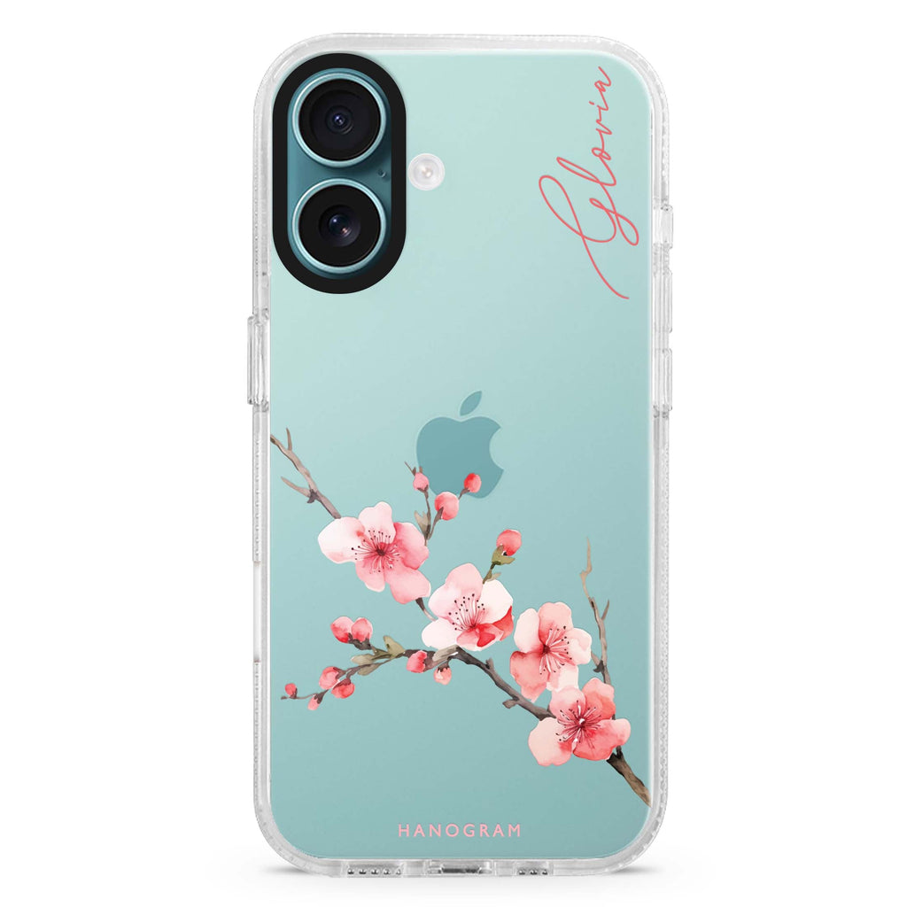 Cherry Bliss custom name iPhone 16 and 16 Plus ultra clear case, transparent fruit artwork, front product view